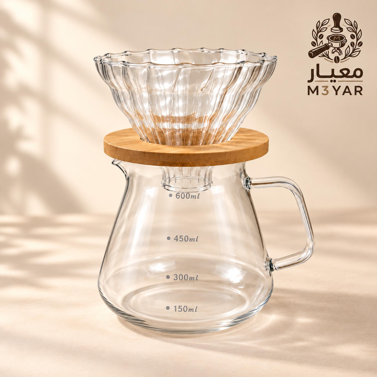 طقم V60 زجاجي 600 مل بحامل بامبو